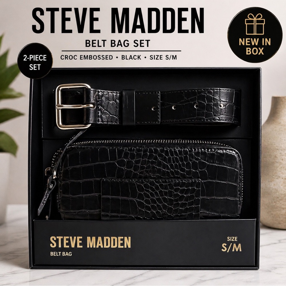 Steve Madden Black Croc-Embossed Belt Bag & Belt Set